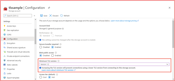 Capture d’écran montrant que TLS 1.2 est configuré sur le storage1