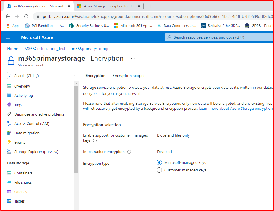 Capture d’écran montrant le stockage Azure configuré avec le chiffrement pour les objets blob et les fichiers