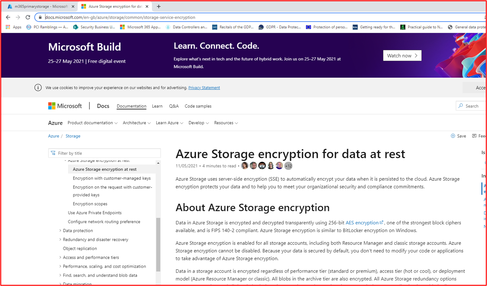 Capture d’écran montrant que stockage Azure utilise AES-256 pour le chiffrement