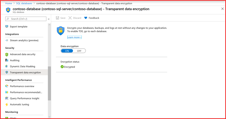 capture d’écran montrant que TDE (Transparent Data Encryption) est activé sur la base de données Contoso