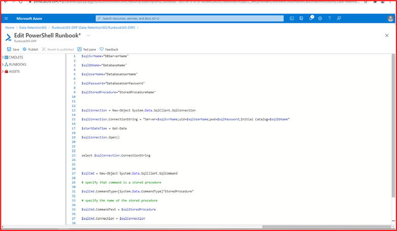 Capture d’écran montrant que le runbook a été modifié pour rechercher des enregistrements et que les commandes de suppression ne sont pas visibles comme le script.