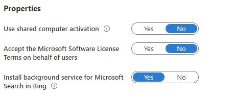 Capture d’écran des paramètres des propriétés Intune montrant les options d’activation d’ordinateur partagé, les termes du contrat de licence logiciel Microsoft et le service en arrière-plan de Recherche Microsoft dans Bing.