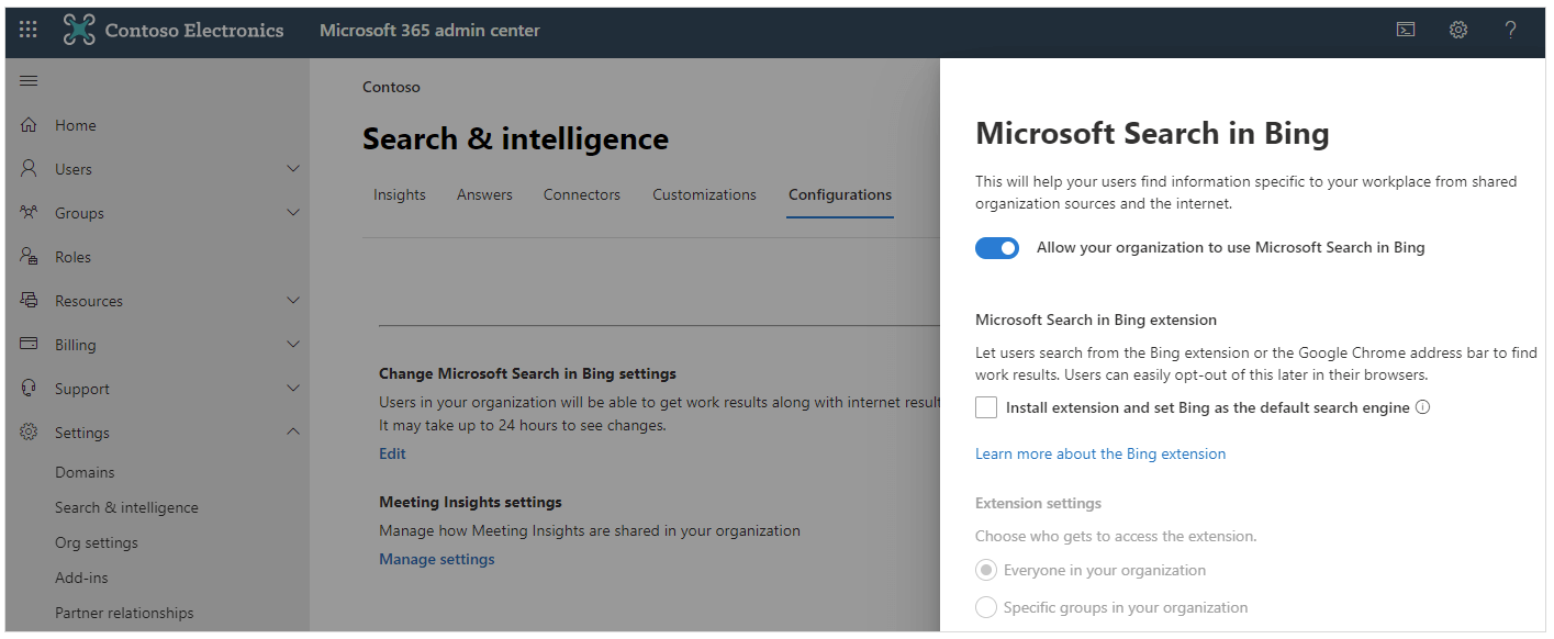 Capture d’écran des paramètres du Centre d’administration Microsoft 365 pour la configuration de Recherche Microsoft dans Bing, y compris les paramètres d’extension et les configurations des résultats de recherche.