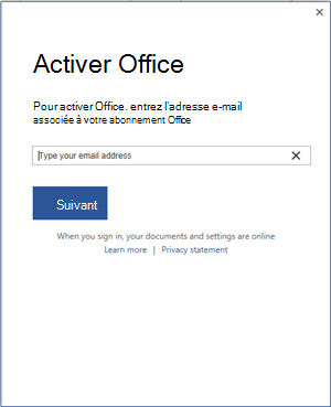 Écran d’activation d’Office invitant l’utilisateur à entrer son adresse e-mail associée à l’abonnement Office.