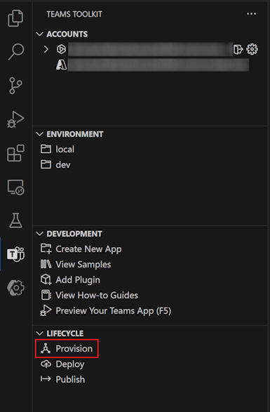 Capture d’écran de l’option Provisionner dans le volet Cycle de vie du Kit de ressources Teams