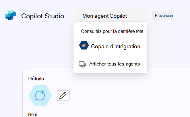 Options Afficher tous les agents dans le menu Agents récemment consultés