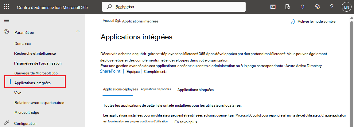 Capture d’écran de la section « Applications intégrées » du Centre d’administration Microsoft