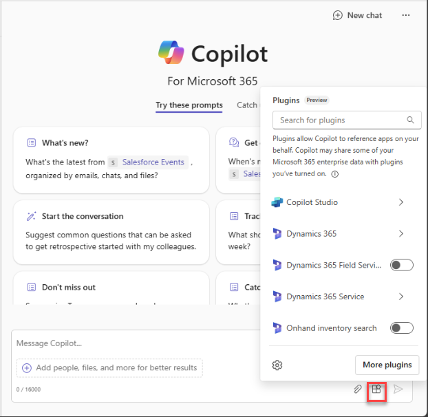 Capture d’écran montrant les plug-ins répertoriés dans l’expérience de conversation.