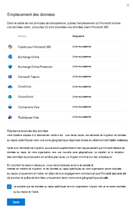 Capture d'écran de la vue d'emplacement des données avant la migration.