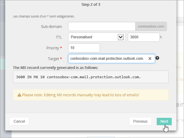 Enregistrement MX OVH sélectionnez Suivant.