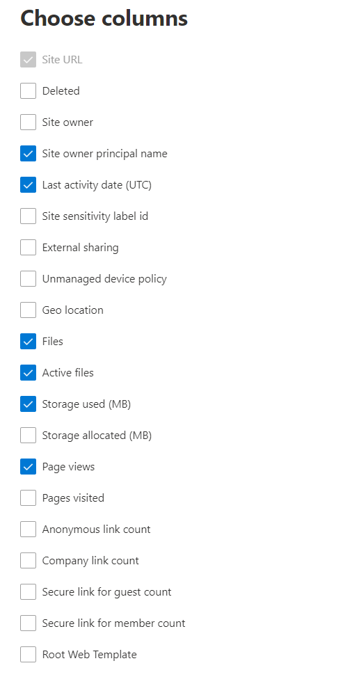 Rapport d’utilisation du site SharePoint : choisissez des colonnes.