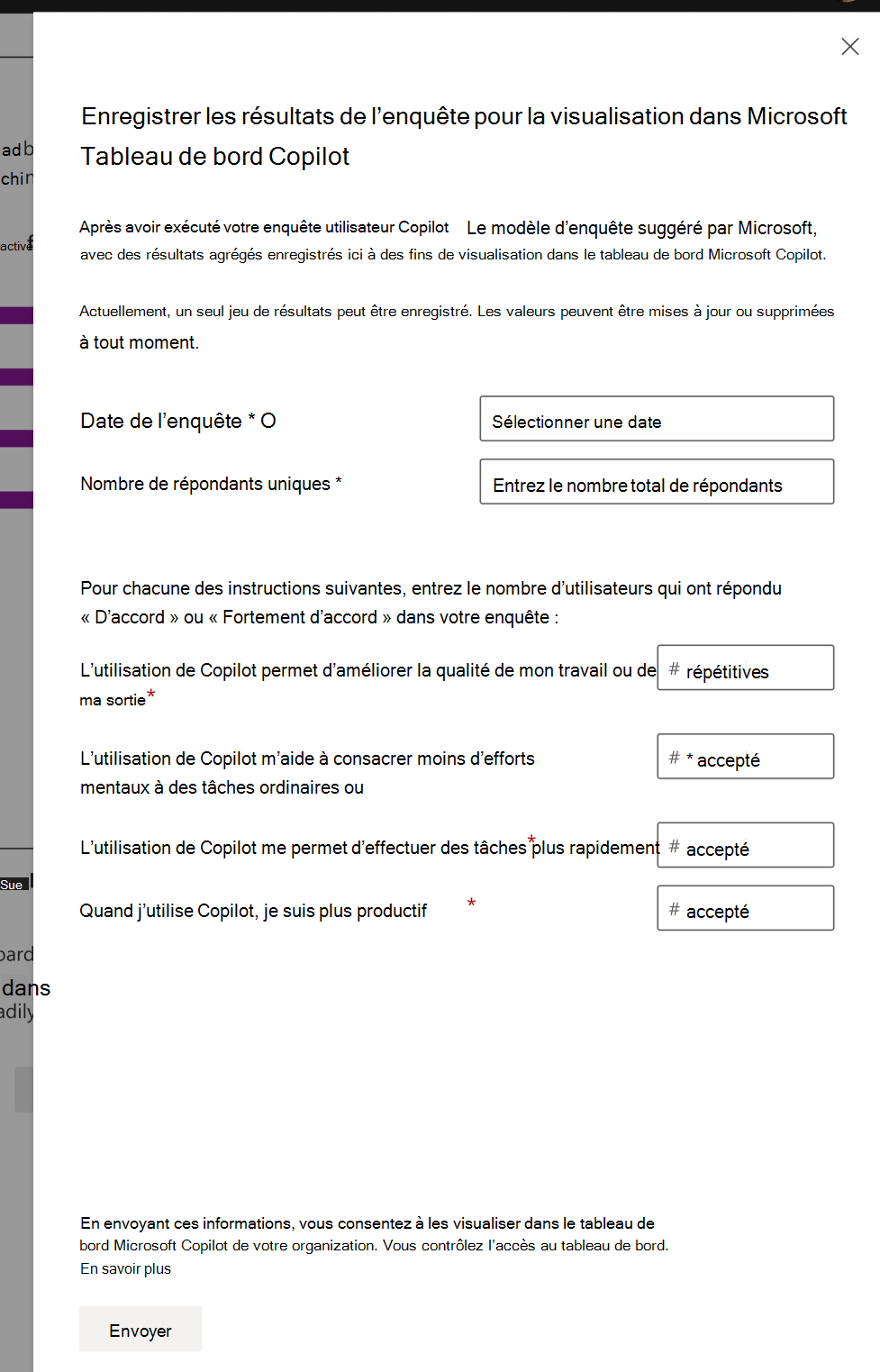 Capture d’écran montrant le volet contextuel pour les résultats de l’enquête pour le sentiment Copilot