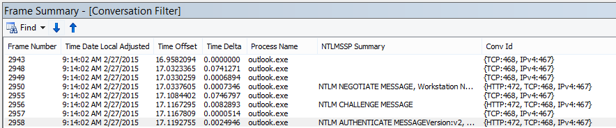 Trace Netmon montrant l’authentification proxy, filtrée par conversation.