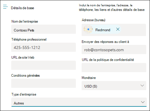 Capture d’écran : Page pour entrer vos informations métier de base