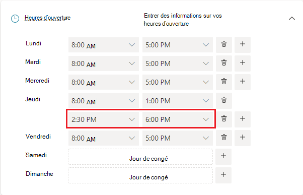 Image de l’interface utilisateur des heures d’ouverture avec des heures d’ouverture ajoutées.