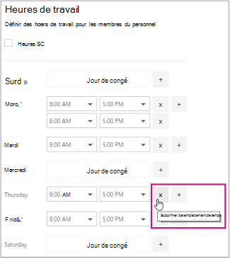 Image de l’écran des heures de travail du personnel de Bookings avec la souris sur le bouton X.