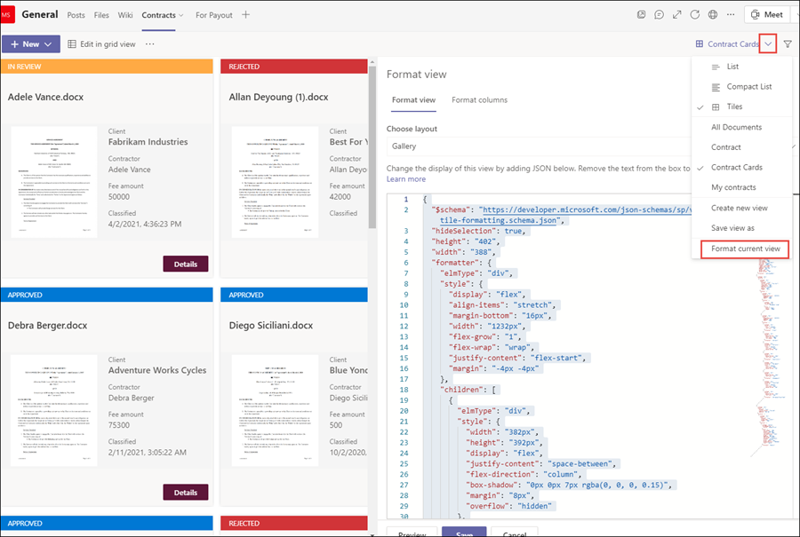 Capture d’écran du format json dans le canal Teams.