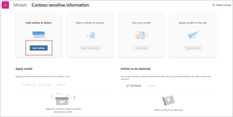 Capture d’écran de la page des nouveaux modèles montrant la section Ajouter des entités à détecter.