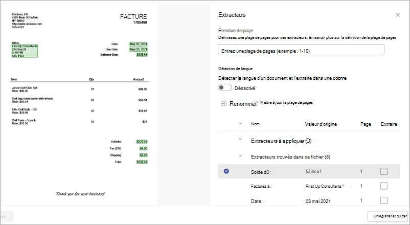 Capture d’écran de la page des détails de l’extracteur et du panneau Extracteurs.