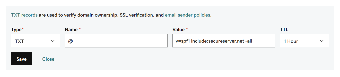 Renseignez les valeurs de la table pour l’enregistrement TXT SPF.