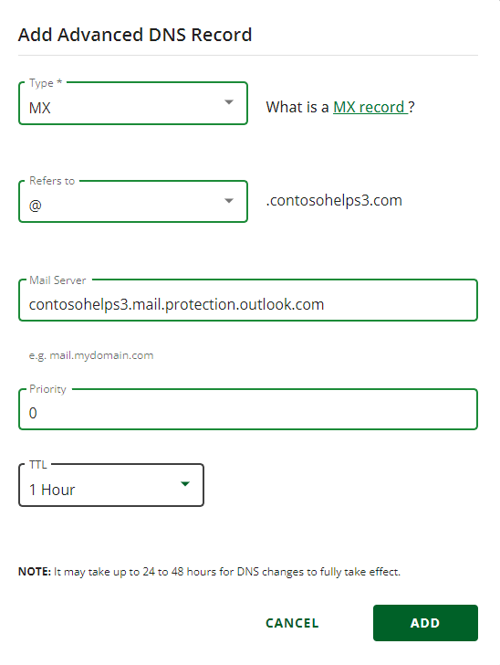 Capture d’écran de l’endroit où vous sélectionnez Ajouter pour ajouter un enregistrement MX.