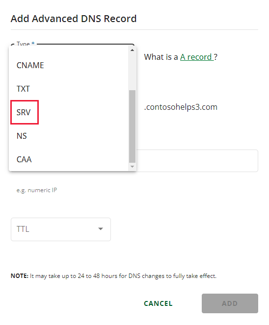 Sélectionnez SRV dans la liste déroulante Type.