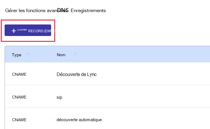 Capture d’écran de l’endroit où vous sélectionnez Ajouter un enregistrement pour ajouter un enregistrement TXT de vérification de domaine.