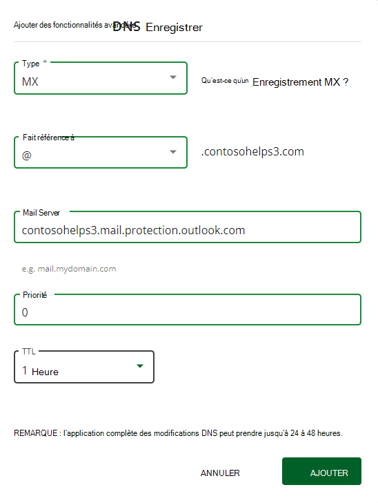 Capture d’écran de l’endroit où vous sélectionnez Ajouter pour ajouter un enregistrement MX.