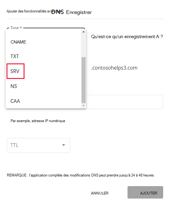 Sélectionnez SRV dans la liste déroulante Type.