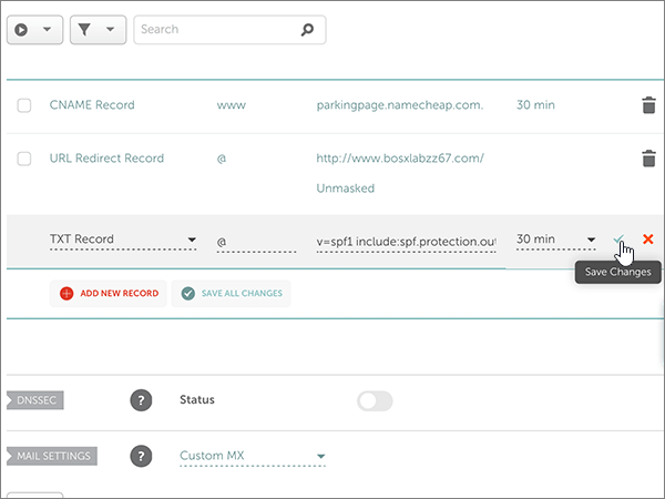 Capture d’écran du contrôle Enregistrer les modifications pour l’enregistrement TXT SPF.