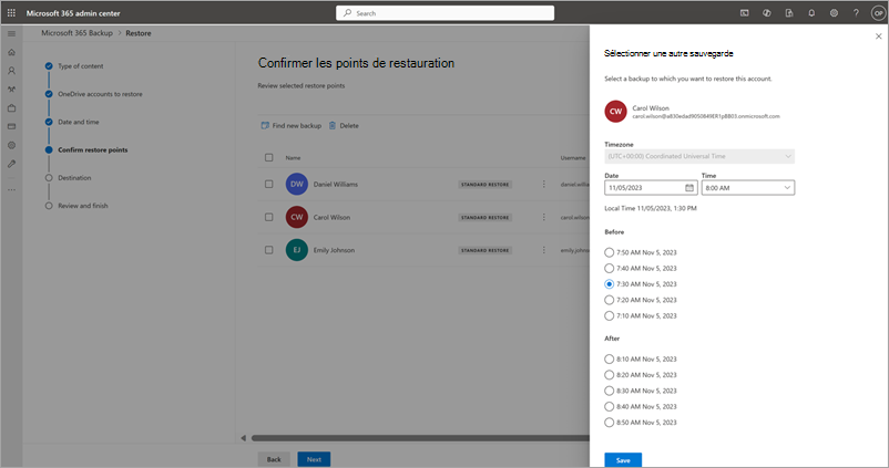 Capture d’écran montrant le panneau Sélectionner une autre sauvegarde pour OneDrive.