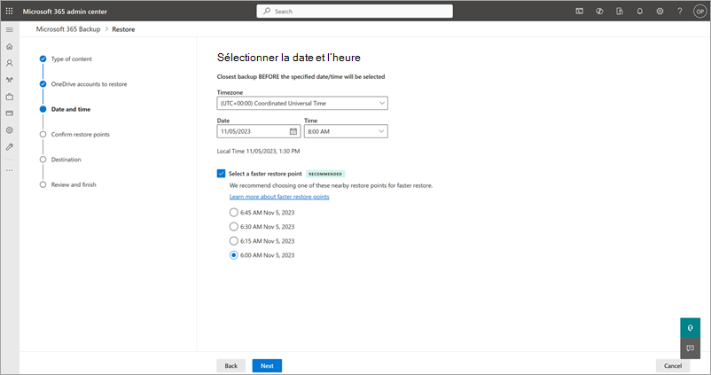 Capture d’écran montrant l’option Sélectionner un point de restauration plus rapide pour OneDrive.