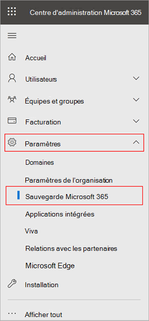 Capture d’écran du panneau Centre d’administration Microsoft 365 montrant paramètres et Sauvegarde Microsoft 365.