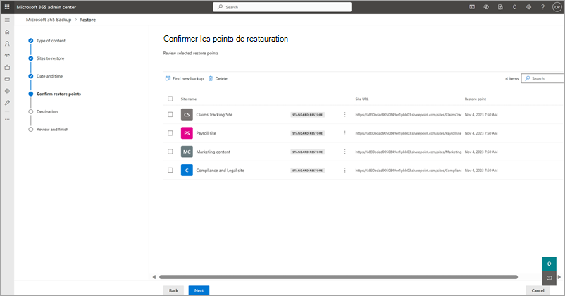 Capture d’écran montrant la page Confirmer les points de restauration pour SharePoint.