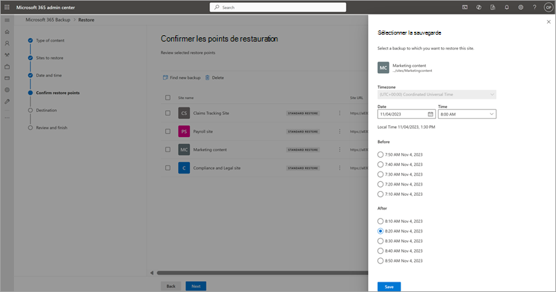 Capture d’écran montrant le panneau Sélectionner une autre sauvegarde pour SharePoint.