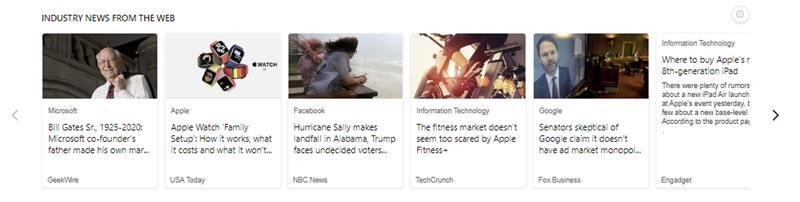 Capture d’écran du carrousel d’image avec les actualités de l’industrie provenant du web.