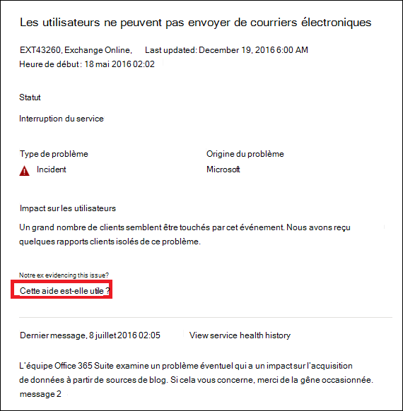 Capture d’écran du lien « Ce billet est-il utile ? » pour un incident ou un avis spécifique.