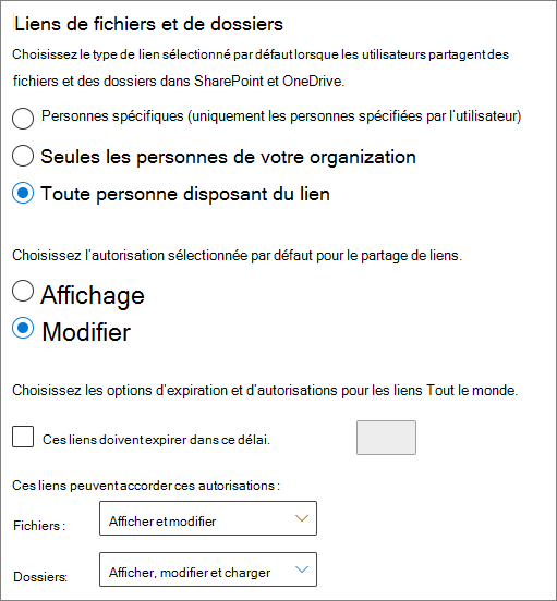 Capture d’écran des paramètres de partage de fichiers et dossiers au niveau de l’organisation dans SharePoint.