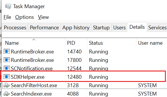 Capture d’écran montrant le processus SDXHelper.exe dans le Gestionnaire des tâches.