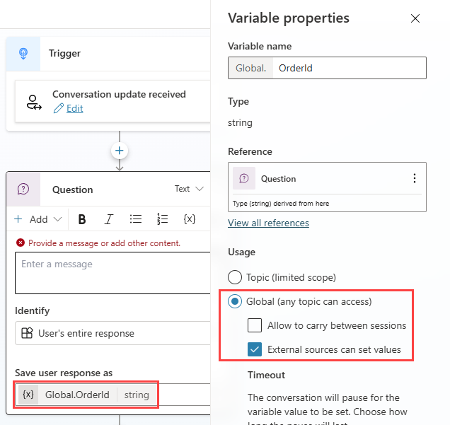 Capture d’écran de la boîte de dialogue Propriétés des variables montrant l’intégration des variables dans Copilot Studio.