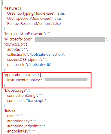 Capture d’écran de la clé applicationInsight dans le projet JSON.