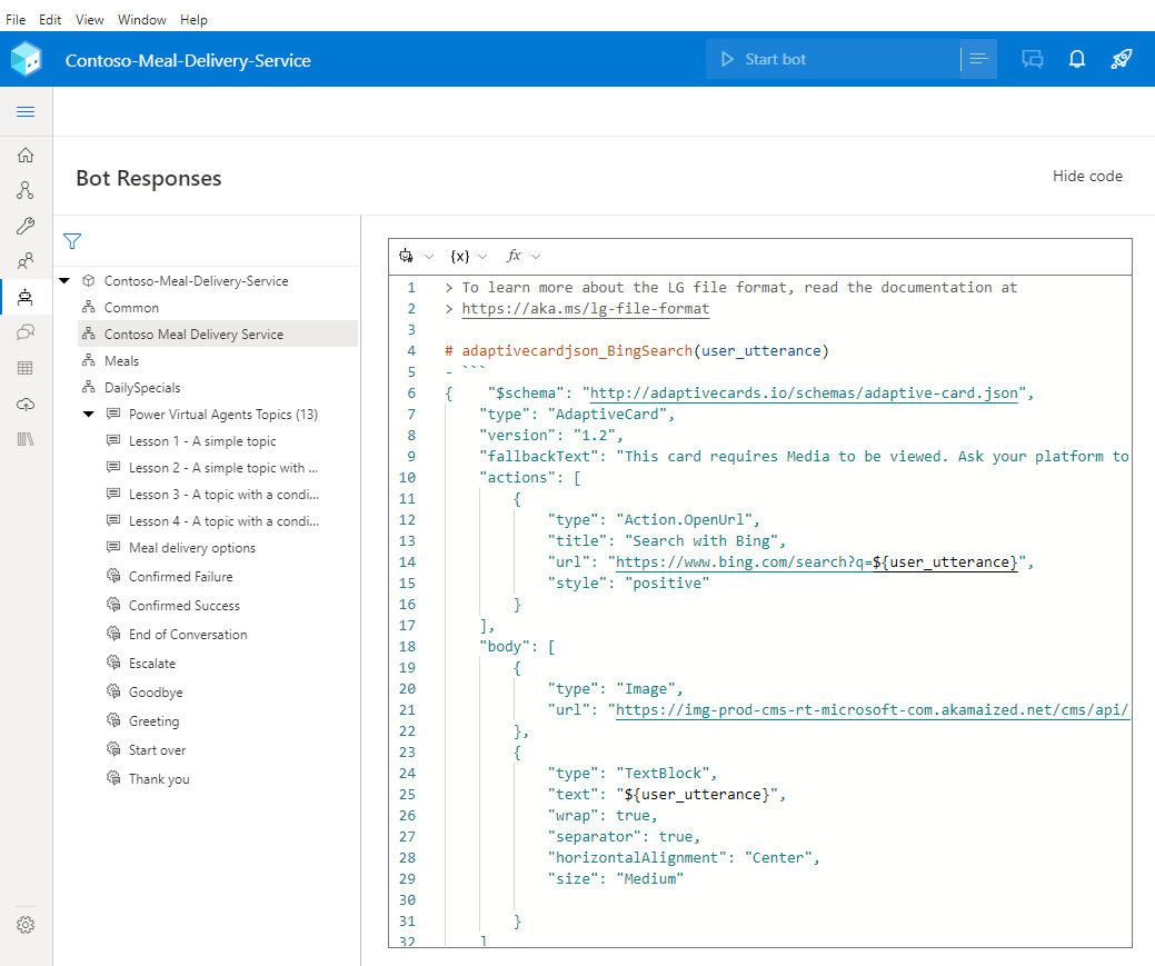 Capture d’écran de la carte adaptative JSON ajoutée aux réponses du bot.