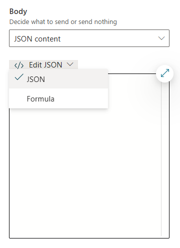 Capture d’écran du contenu JSON sélectionné pour le type de contenu du corps.