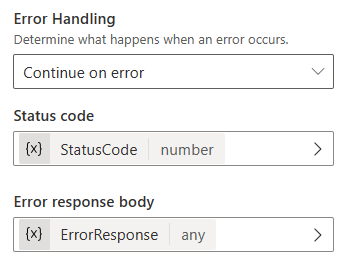 Capture d’écran de la gestion des erreurs configurée pour continuer en cas d’erreur avec des variables spécifiées pour le code d’état et le corps de la réponse d’erreur.