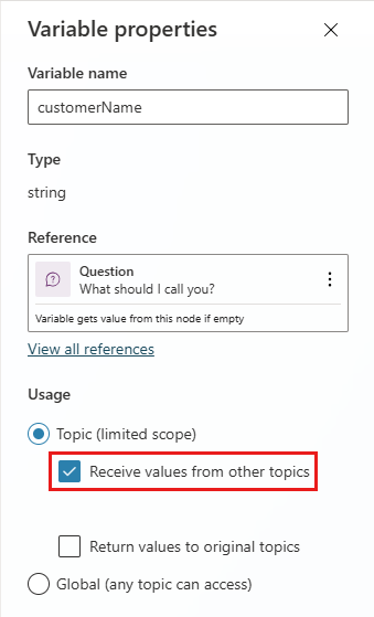 Capture d’écran de la rubrique Parler au client avec la variable userName et ses propriétés mises en évidence.