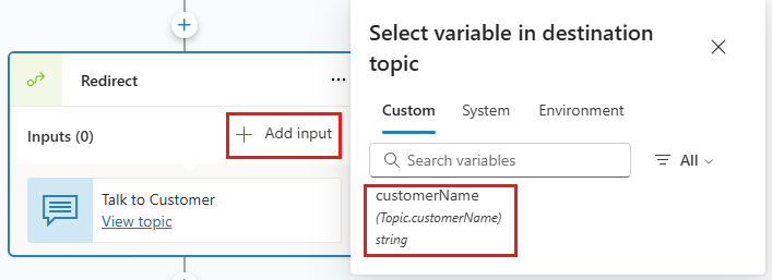 Capture d’écran du sujet Accueil avec la variable userName ajoutée en entrée dans un nœud de redirection.