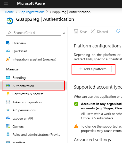 Capture d’écran montrant Ajouter une plateforme sous Authentification.