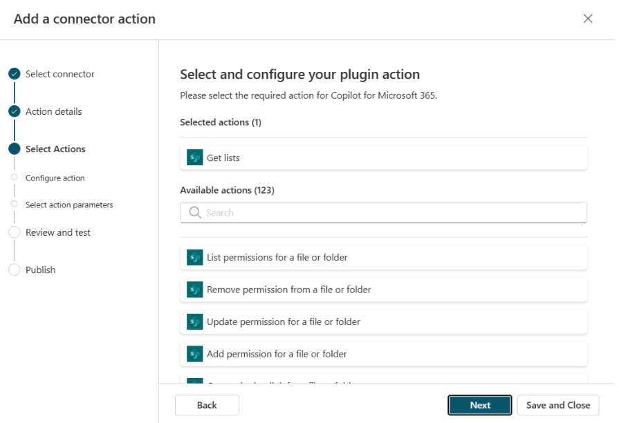 Écran de sélection d’actions du connecteur, première action sélectionnée