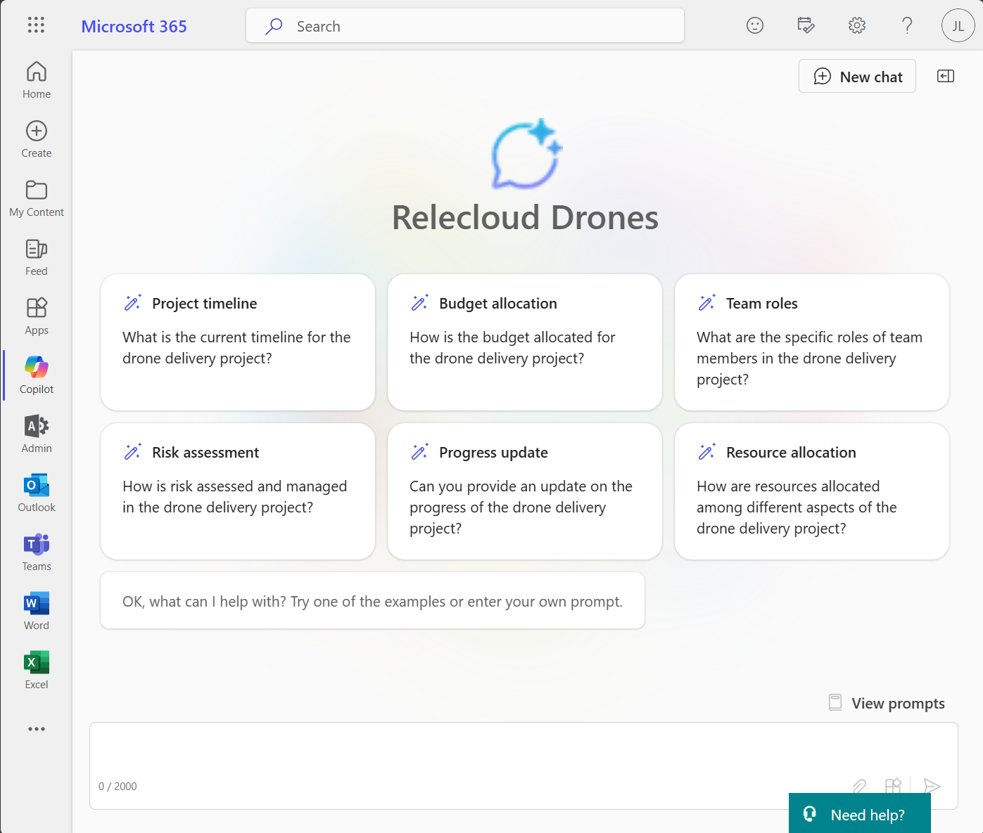 Capture d’écran des invites de démarrage dans la conversation instantanée Copilot pour Microsoft 365