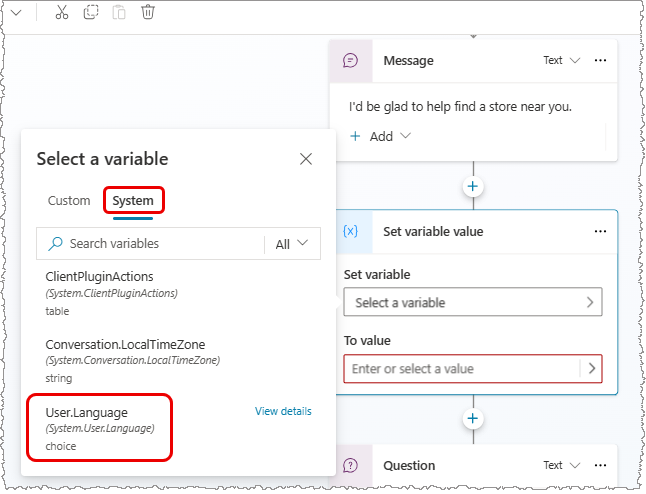 Écran montrant un nœud Définir la variable qui définit la valeur de la variable User.Language.